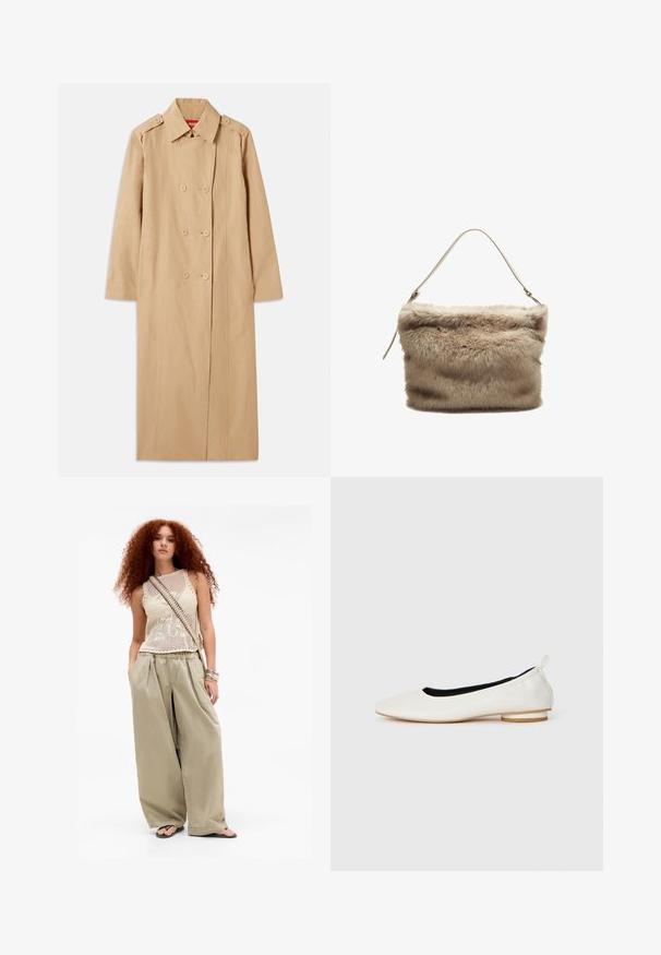 Trench beige con doppio petto, dettagli in bottone e colletto. Presenta maniche lunghe e una silhouette dritta. Tessuto morbido.; Maglietta a maniche lunghe, colletto rotondo, di colore crema realizzata in tessuto morbido. Presenta una linea diritta e un design minimalista senza decorazioni.; Giovane donna con lunghi capelli ricci rossi che indossa un top senza maniche beige in maglia, pantaloni larghi color khaki, ciabatte, borsa a tracolla e braccialetti.; Ballerina bianca in pelle con punta arrotondata, tacco basso impilato, rivestimento interno nero e passante sul tallone, mostrata in profilo laterale su sfondo bianco.; Borsa in pelliccia sintetica di un beige chiaro con una superficie morbida e testurizzata. Presenta una sola tracolla sottile e una forma rettangolare con un bordo superiore voluttuoso.