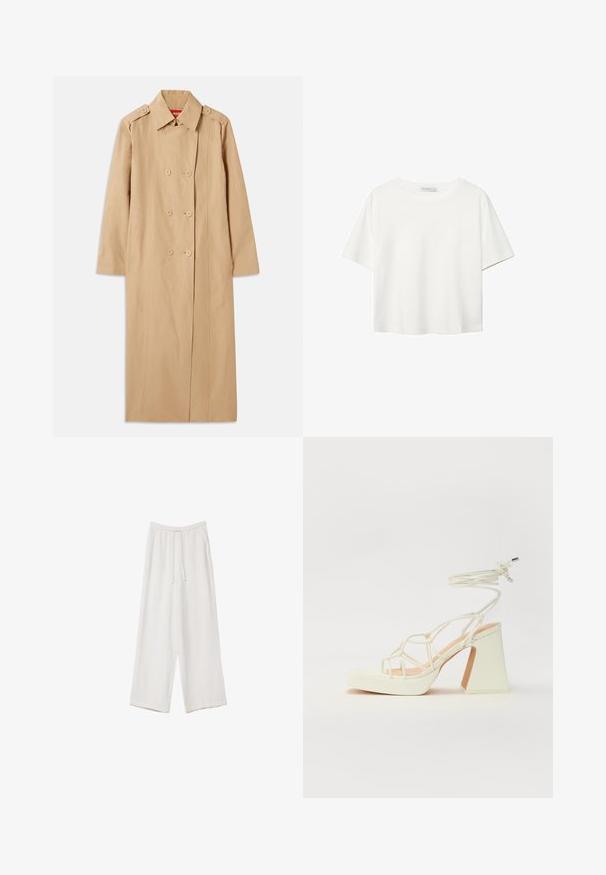 Beige trenchcoat met dubbele knoopsluiting aan de voorkant, knoopaccenten en een kraag. Heeft lange mouwen en een rechte silhouet. Soepele textuur.; Witte korte mouwen t-shirt van katoen. Heeft een ronde halslijn en een ontspannen pasvorm. Glad textuur zonder zichtbare patronen of accenten.; Witte wijde broek gemaakt van een lichte stof. Voorzien van een elastische tailleband met een trekkoord en zijzakken. Zachte textuur.; Witte hoge hakken sandaal met een chunky hak, met een bandjesontwerp en enkelband. Gladde textuur met een plateau voor extra hoogte.