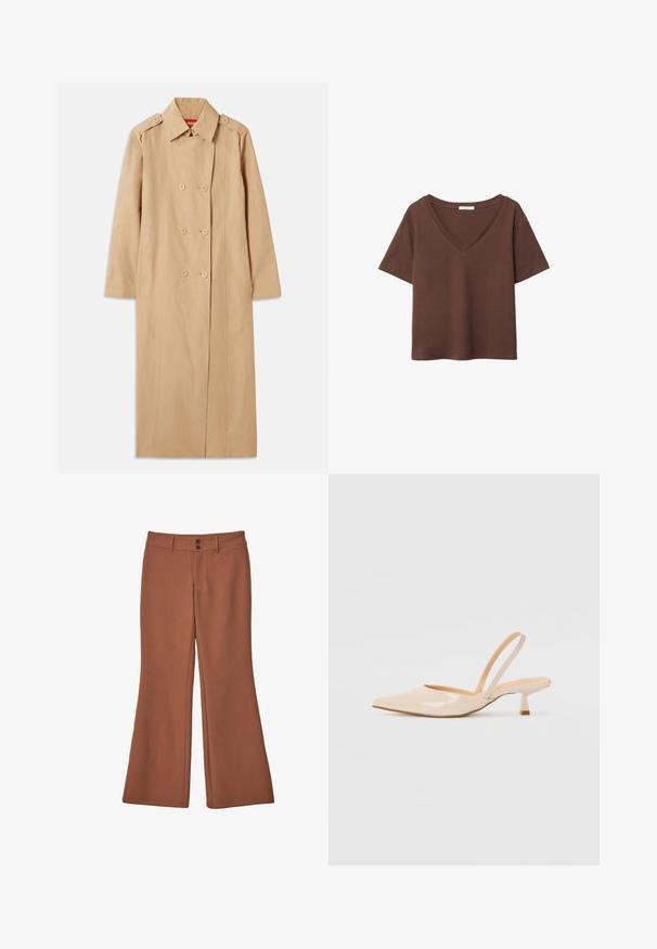 Trench beige con doppio petto, dettagli in bottone e colletto. Presenta maniche lunghe e una silhouette dritta. Tessuto morbido.; T-shirt in cotone marrone con maniche corte e scollo a V profondo. Design semplice, texture morbida e orlo dritto. Senza fantasie o dettagli.; Pantaloni marroni a zampa d'elefante realizzati in un tessuto morbido. Caratterizzati da due bottoni frontali e una texture liscia senza motivi o decorazioni visibili.; Décolleté in vernice color beige con punta affusolata e tacco slim a forma quadrata. Texture liscia e design minimalista senza decorazioni.
