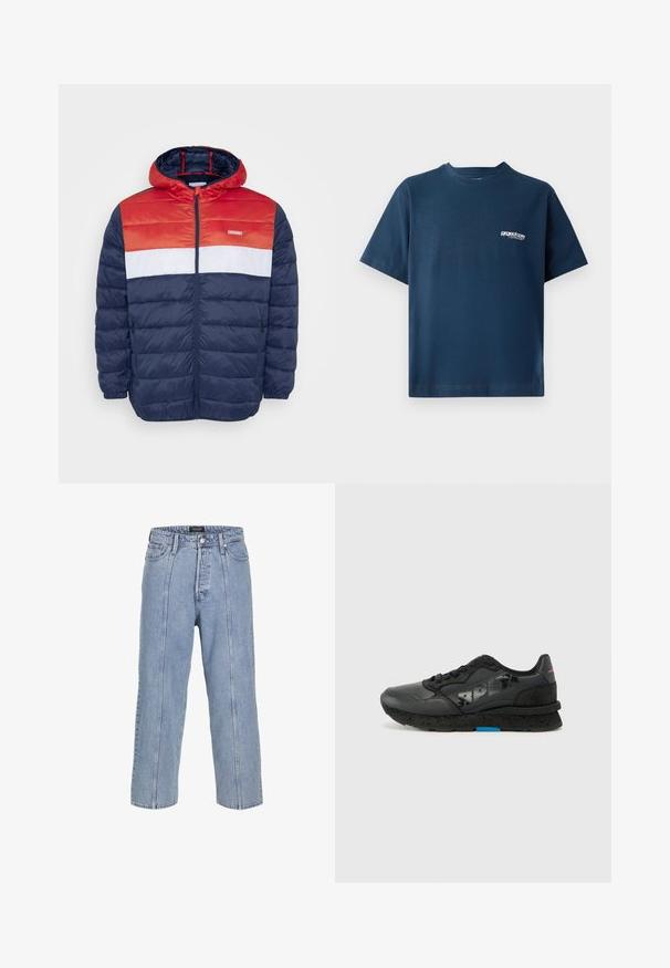Jack & Jones JJVINCENT PUFFER HOOD - Lengva striukė - tango red; Tamsiai mėlyna medvilninė marškinėliai su trumpomis rankovėmis ir apvaliu iškirpimu. Yra mažas baltas logotipas kairėje krūtinės pusėje. Minkšta tekstūra.; Šviesiai mėlynos džinsinės kelnės su laisvu siluetu, plačiomis kojomis ir matomomis siuvimo detalėmis. Turi mygtuką ir užtrauktuką, taip pat penkias kišenes.; Replay ARTHUR IMPACT - Sportbačiai - black