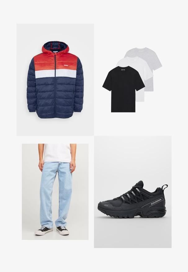 Jack & Jones JJVINCENT PUFFER HOOD - Casaco leve - tango red; Conjunto de três t-shirts básicas em preto, branco e cinza claro. Mangas curtas, gola redonda, feito de tecido de algodão suave. Logótipo da marca visível.; Calças de ganga de tom azul claro com um ajuste descontraído, apresentando um design de perna reta e costuras padrão, combinadas com ténis pretos.; Sapatos atléticos pretos com parte superior em malha, sola em borracha e detalhes refletivos. Apresentam uma sola acolchoada e design de fecho com atacadores.