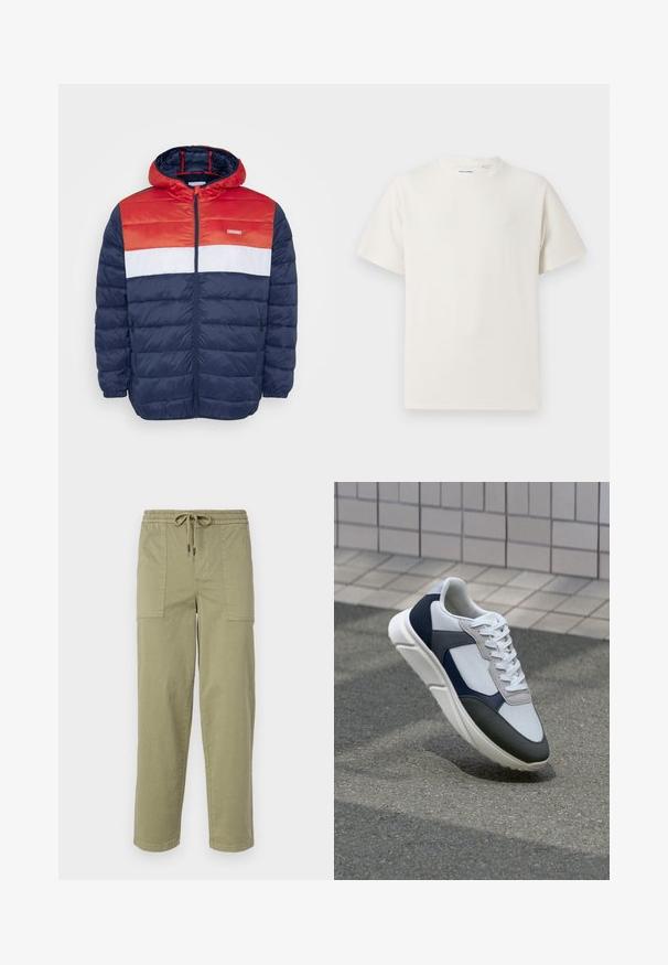 Jack & Jones JJVINCENT PUFFER HOOD - Giacca da mezza stagione - tango red; T-shirt bianca a maniche corte in texture a coste. Girocollo, vestibilità rilassata, senza modelli o accenti visibili. Design semplice e versatile.; Pantaloni verde oliva chiaro realizzati in tessuto misto cotone, con una vita elasticizzata e cordoncino, e due ampie tasche laterali.; Sneaker bianca, blu navy e grigia con un design a materiali misti, caratterizzata da una tomaia testurizzata, lacci piatti e una suola imbottita.