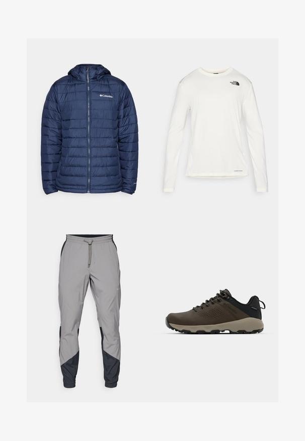 Columbia POWDER LITE™ II HOODED JACKET - Zimska jakna - collegiate navy; Bijela majica dugih rukava s okruglim izrezom, teksturirana tkanina, crni logo na lijevom ramenu i suptilno brendiranje pri dnu.; Lagane, sive atletske hlače s crnim akcentima. Elastični pojas, zatvaranje na vezicu, dizajn suženih nogavica i bočne džepove.; Smeđe vodootporne tenisice s teksturiranom gornjom i perforiranim detaljima, crnom potporom za petu i sivim gumiranim potplatom. Čipke su stilizirane s metalnim krajevima.