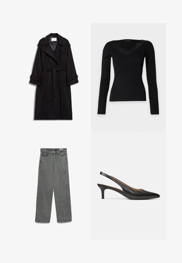 Svart ull trenchcoat med dubbelknäppt front, bälte i midjan och uppvikta ärmar. Anmärkningsvärda detaljer inkluderar axelklaffar.; Svart långärmad ribbad topp med V-ringning och spetsdetaljer. Tygets textur verkar slät och åtsittande, vilket gör den lämplig för lager på lager-stilar.; Höga gråjeans med rak benstil, knap und dragkedja, bälteshällor samt fram- och bakfickor.; Svart pumps i läder med öppen hälrem, spetsig tå och låg kittenklack, sedd från sidan mot en enkel vit bakgrund.