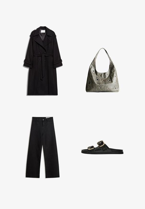 Manteau trench en laine noire avec un devant croisé, une taille ceinturée et des poignets retroussés. Les détails remarquables incluent des épaulettes.; Pull gris court en tissu tricoté doux, avec un col rond en côtes et des manches longues, ayant une coupe décontractée et un minimum de détails.; Pantalon en denim noir à jambes larges avec une taille haute, comprenant des poches avant et arrière, des coutures piquées et une fermeture à bouton. Texture lisse.; Sandale noire à glissière avec deux accents de boucle en or, en matériau lisse, semelle plate et design minimaliste.; Sac à main en cuir vert olive au design décontracté, avec des découpes circulaires de différentes tailles et des accents dans des teintes plus sombres et plus claires.