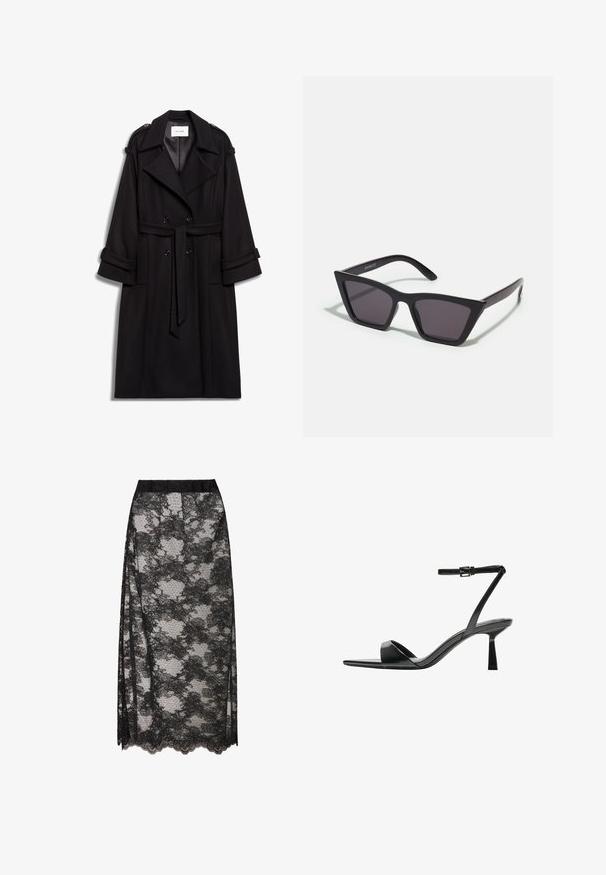 Palton lung din lână negru, cu un front cu două rânduri de nasturi, talie subliniată printr-un cureaua și manșete rulate. Detalii notabile includ epoleți pe umeri.; Top negru din tricot cu guler înalt, mâneci scurte, design mulat, textură moale, cusături minime.; Fustă din dantelă neagră cu un tiv unduit, având un model floral și o textură transparentă. Talie elastică pentru o purtare confortabilă.; Bershka Sandale cu toc - black; Ochelari de soare negri, unghiulari, cu lentile gri; fabricați din plastic, având brațe groase cu o suprafață netedă și fără hardware vizibil.