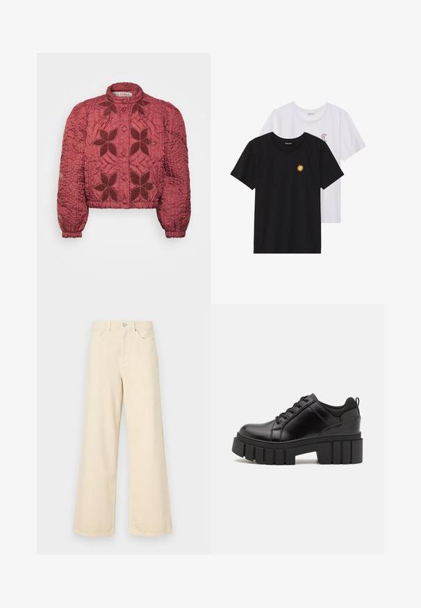 Cropped, burgundy quilted jacket with floral embroidery, round collar, and button closure. Features elasticized cuffs and textured fabric.; Black and white T-shirts, round neck, short sleeves. Black shirt features yellow sun embroidery; white has purple crescent moon accent.; Beige wide-leg jeans made of cotton. Features a button closure, belt loops, and front pockets with a smooth, soft texture.; Black leather platform shoes with a chunky block heel, round toe, and traditional lace-up design. Features smooth texture and minimal detailing.