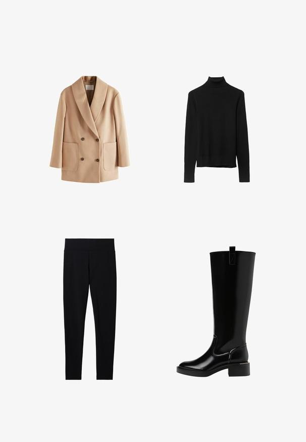 Beiger zweireihiger Mantel mit einem Reverskragen, Fronttaschen und braunen Knöpfen. Aus weichem Stoff mit glatter Textur gefertigt.; Schwarzer Rollkragenpullover aus weichem Strickstoff. Mit langen Ärmeln und einer engen Passform sowie einem geraden Saum.; Schwarze dehnbare Leggings mit einem breiten, weichen Taillenbund, die eine glatte Textur und eine figurbetonte Silhouette aufweisen, geeignet für verschiedene Aktivitäten.; Schwarze knielange Stiefel mit glänzender Oberfläche, runder Zehenform, kleinem Blockabsatz und einem Ziehschlaufe auf der Rückseite. Nahtdetails betonen das Design.