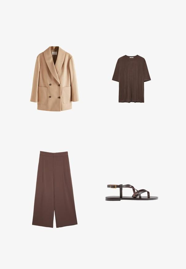 Cappotto beige doppiopetto con colletto a revers, tasche frontali e bottoni marroni. Realizzato in tessuto morbido con una superficie liscia.; T-shirt marrone a maniche corte realizzato in tessuto morbido, con scollo rotondo e vestibilità comoda. Texture liscia senza motivi o dettagli.; Pantaloni ampi marroni con una texture liscia, caratterizzati da una vita alta e pieghe frontali. Il tessuto è leggero e scorre liberamente.; Sandal in pelle marrone con cinturini incrociati, chiusura con cinturino alla caviglia e suola piatta con dettagli di cucitura minimi.