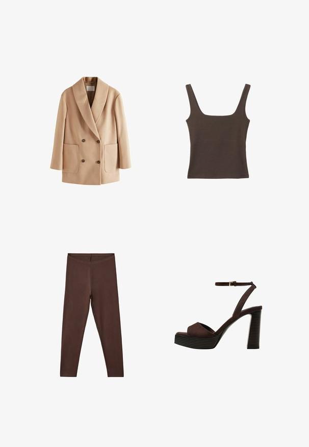 Beiget värviline kahekordne jakk, millel on sakilised krae, esipockets ja pruunid nupud. Valmistatud pehmest kangast, millel on sile tekstuur.; Ruskea hihaton toppi, jossa on neliönmuotoinen kaula-aukko, valmistettu pehmeästä ja joustavasta kankaasta. Ominaisuuksiin kuuluu istuva muotoilu ja sileät saumat.; Ruske stretch leggingit, joissa on istuva muotoilu, korkea vyötärö ja ei näkyviä kuvioita tai koristeluja. Tyylikäs pinta ja kokopitkät.; Ruske kožne sandale s visokom potpeticom, otvorenim prstima, podesivim kopčanjem oko gležnja i prugastim platformskim đonom.