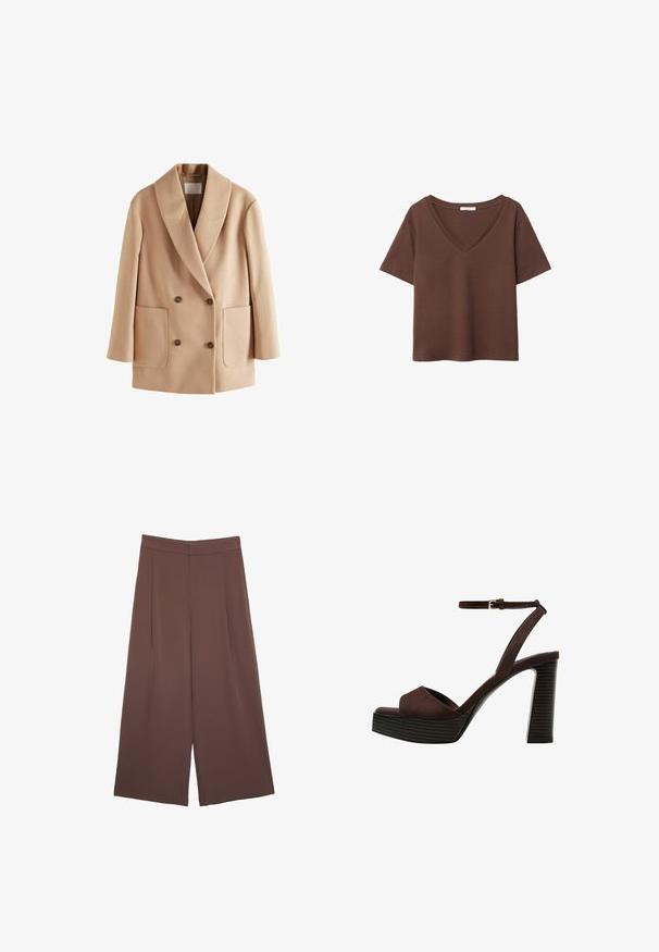Bež plašč z dvojnim zapenjanjem in ovratnikom, sprednjimi žepek in rjavimi gumbi. Narejen iz mehkega blaga z gladko teksturo.; Rjava bombažna majica s kratkimi rokavi in globokim V-izrezom. Preprost dizajn, mehak material in raven rob. Brez vzorcev ali dekorativnih elementov.; Rjave široke hlače z gladko teksturo, ki imajo visok pas in sprednje naborke. Tkanina je lahka in prosto pada.; Rjave semiš sandale z visoko peto, odprto spredaj, z nastavljivim gležnjenjem in črtastim podplatom.