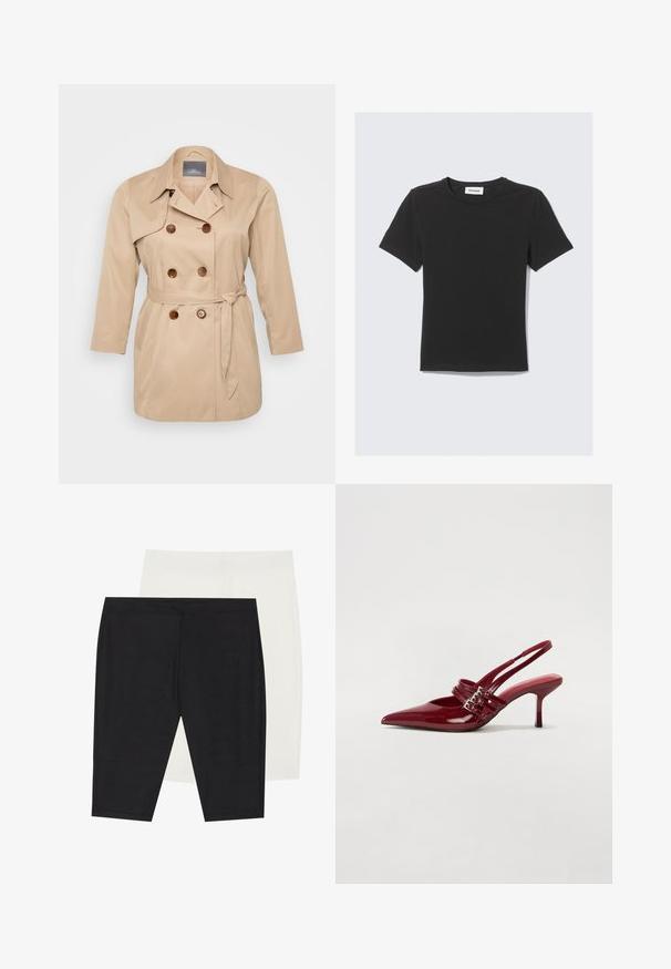 Beige trench coat with a double-breasted design, large lapels, and brown buttons. Features a tied waist and long sleeves. Smooth fabric texture.; Black short-sleeve t-shirt made of soft cotton fabric with a round neck and a relaxed fit, featuring a clean design and no visible patterns.; Two pairs of fitted leggings: one in ribbed black fabric, the other in smooth white. Both feature elastic waistbands and seamless designs.; Red patent leather slingback heels with a pointed toe, two buckle straps, and a slim, mid-height stiletto heel. Smooth texture.