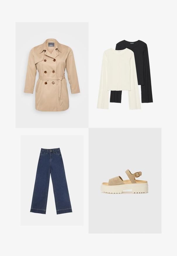 Bežs tranšejas mētelis ar divrindu dizainu, liela apkakle un brūni pogas. Aprīkots ar sasienamu jostasvietu un garām piedurknēm. Gluda auduma tekstūra.; Divu garo piedurkņu tops komplekts baltā un melnā krāsā. Ribota tekstūra, apaļš kakls, pieguļoša dizaina ar nedaudz izplestām piedurknēm.; Platās kājas džinsi tumši zilā denima krāsā. Iespējas: piecas kabatas, siksnu cilpas un neapstrādāta apakša ar redzamām šuvju detaļām.; Kremkrāsas zamša sandales ar platu siksnu un regulējamu potītes sprādzi. Masīva balta zole ar teksturētu rakstu, kas nodrošina saķeri.