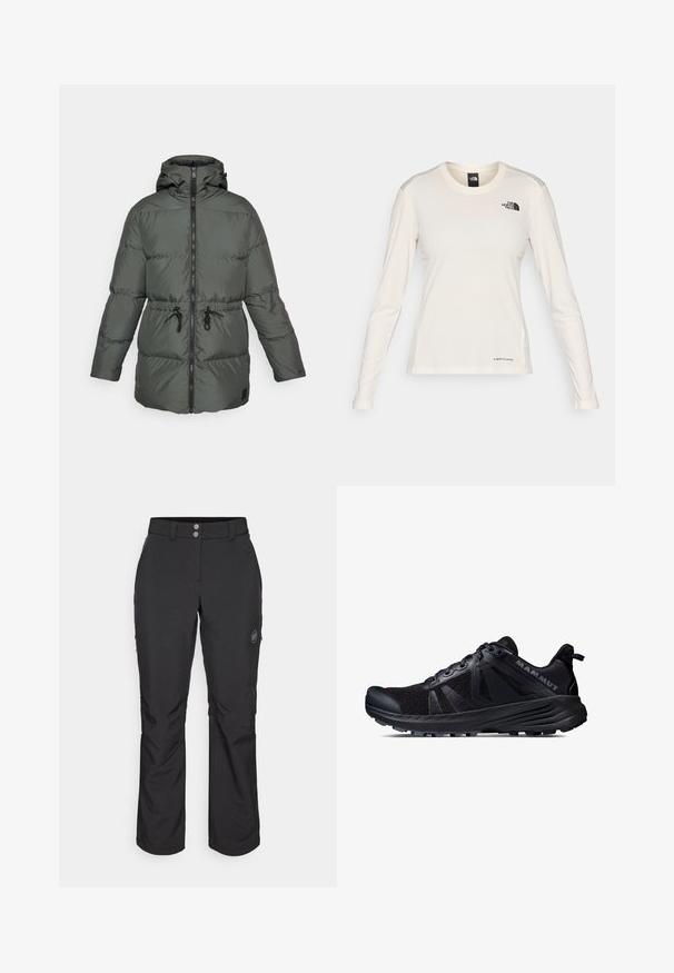 Steppjacke in Dunkelgrün mit Kapuze, Reißverschluss, verstellbarem Kordelzug in der Taille und klassischem Steppmuster. Glatte, strukturierte Oberfläche.; The North Face SHADOW LONG SLEEVE - Langarmshirt - white dune; Schwarze Outdoor-Hosen mit geradem Schnitt, Knopfverschluss, seitlichen Reißverschlusstaschen und einem Logo-Patch auf dem linken Oberschenkel.; Schwarzer Trailrunning-Schuh mit einem Obermaterial aus Mesh und Gummisohle. Mit strukturierten Überzügen, verstärkter Zehenkappe und Markenlogo an der Ferse.