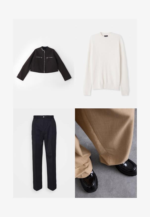 Jachetă croită neagră dintr-un material texturat, cu fermoare argintii la buzunarele din față, guler rotund și mâneci lungi.; Pulover alb din tricot cu model în relief, cu guler rotund și mâneci lungi. Prezintă o broderie mică cu logo pe piept. Textură moale, design ajustat.; Pantaloni negri croiți, cu un design drept, realizați dintr-un material neted, având închidere cu nasture în față și două buzunare laterale.; Pantaloni bej cu un finisaj texturat, asociați cu pantofi loafer negri lucioși, având o talpă groasă și cusături decorative.