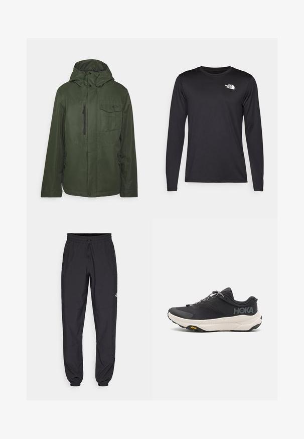 Oakley CORE DIVISIONAL RC INSULATED J - Snowboardkabát - new dark brush; Hosszú ujjú fekete teljesítmény póló, könnyű anyagból készült, a bal felső mellen fehér logóval. Sima textúra.; Fekete sportnadrág, könnyű anyagból készült, húzózsinóros derékkal, oldalsó zsebekkel és szűkített szárakkal a bokáknál.; Fekete sportcipő texturált felsőrésszel, szürke kiegészítőkkel, fényvisszaverő részletekkel és vastag fehér talppal, amelyen Vibram márkajelzés található.