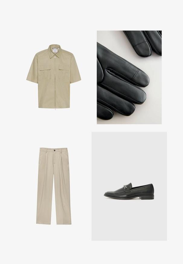 Kratek rokav, svetlo bež jakna iz gladkega materiala, z zadrgo na sprednji strani, koničastim ovratnikom in dvema prsnikoma.; Bela tkanina z gladko teksturo, na kateri so gube in nežno sijaj, kar nakazuje na lahkoten in mehak material.; Bež hlače ravnega kroja, z enim črnim gumbom, zanke za pas in stranskimi žepi. Gladka tekstura tkanine in minimalističen dizajn.; Črni usnjeni loafer z gladko površino, ki ima šivano zasnovo in dekorativni kovinski verižni naglas preko vampirja. Ravno peto.; Črne usnjene rokavice z gladko teksturo, elegantnim dizajnom in izstopajočim šivanjem po prstih, z rahlo zaobljenim koncem na vsakem prstu.; Pier One SET - Ura - black/brown