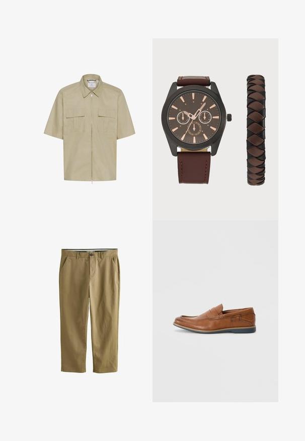 Kortärmad, ljusbeige jacka i slät tyg med en framtill dragkedja, spetsig krage och två bröstfickor.; Två långärmade skjortor: en i vitt tyg och den andra i beige med tunna vertikala ränder. Båda har knäppbara kragar och manschetter.; Khaki chinos tillverkade av bomullsblandning, med två sidofickor, knappstängning, raka ben och en mjuk textur.; Bruna läder loafers med rund tå, sydda accenter och en låg gummisula. Designen har ett band över framsidan.; Pier One SET - Klocka - black/brown