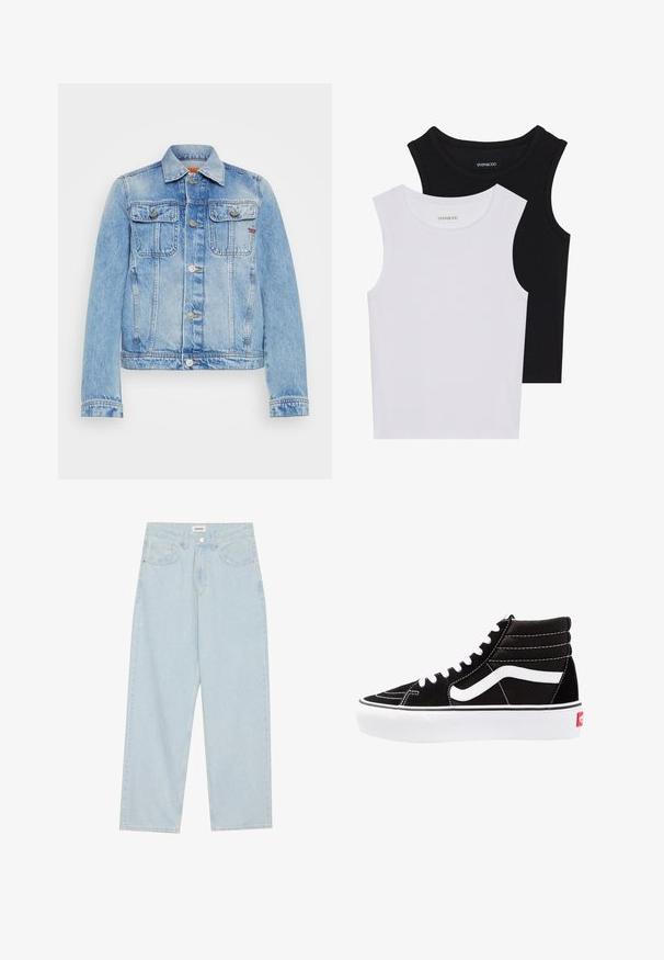 Light blue denim jacket with two chest pockets, silver buttons, a classic collar, and button cuffs. Features a faded texture and seam detailing.; Two sleeveless tops in black and white, made of ribbed cotton, featuring round necklines and a fitted design. Labels visible on both.; Light blue wide-leg jeans made of denim, featuring a mid-rise waist, five pockets, and a button closure with a slim metal accent.; Black high-top sneakers with white laces, a white logo, and contrasting white stitching. Features a thick white sole and textured suede upper.