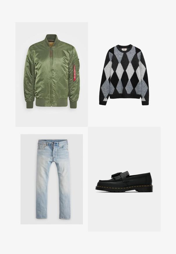 Giacca bomber verde oliva con finitura satinata, dotata di zip frontale, polsini a coste e tasca laterale con dettaglio etichetta rossa.; Maglione di lana a girocollo con un motivo argyle in nero, grigio e bianco e maniche lunghe.; Jeans in denim azzurro chiaro, taglio dritto, con una finitura sbiadita. Presentano cinque tasche, chiusura con bottone e dettagli di cuciture arancioni.; Mocassino in pelle nera con nappine, cuciture gialle lungo la suola e una suola in gomma spessa e rigata.