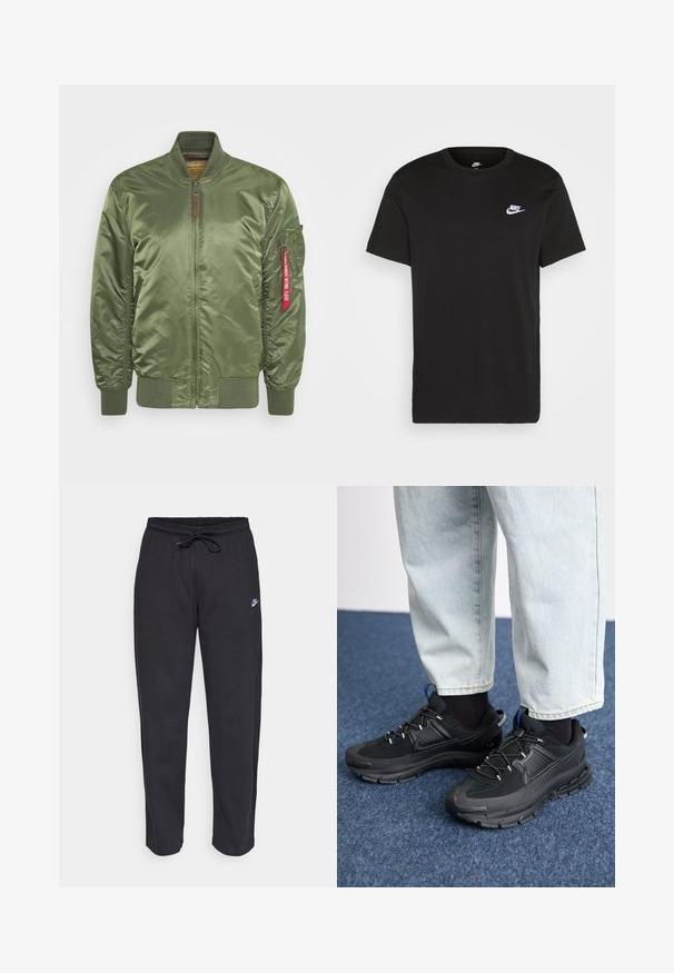 Olivgrüne Bomberjacke mit Satinfinish, ausgestattet mit einem Frontreißverschluss, gerippten Bündchen und einer Seitentasche mit rotem Etikettendetail.; Schwarzes Baumwoll-T-Shirt mit kurzen Ärmeln, Rundhals und kleinem weißem Nike-Logo auf der oberen linken Brust. Glatte Textur. Klassische Passform.; Schwarze Sweatpants aus weichem Stoff mit elastischem Bund, Kordelzug und kleinem Nike-Logo auf dem linken Oberschenkel.; Schwarze Sportschuhe aus strukturiertem Stoff mit Gummisohlen, ausgestattet mit elastischen Schnürsenkeln und einem blauen Akzent an der Ferse. Getragen mit hellen Jeans.