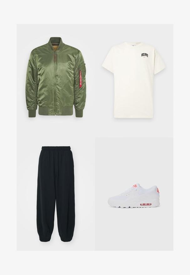 Olijfgroene bomberjack met satijnen afwerking, voorzien van een voorrits, geribbelde manchetten en een zijzak met een rood labeldetail.; Crème-kleurige katoenen T-shirt met korte mouwen, voorzien van "NIKE SB" in zwarte en rode tekst op de borst. Standaard ronde halslijn.; Zwarte, elastiche sweatpants met een losse pasvorm, manchetten aan de enkels, een zachte textuur en zonder zichtbare patronen of hardwareaccenten.; Witte sportieve sneaker met een gladde bovenkant, vetersluiting, gevoerde zool en een zichtbare luchtunit met rode accenten op de branding.