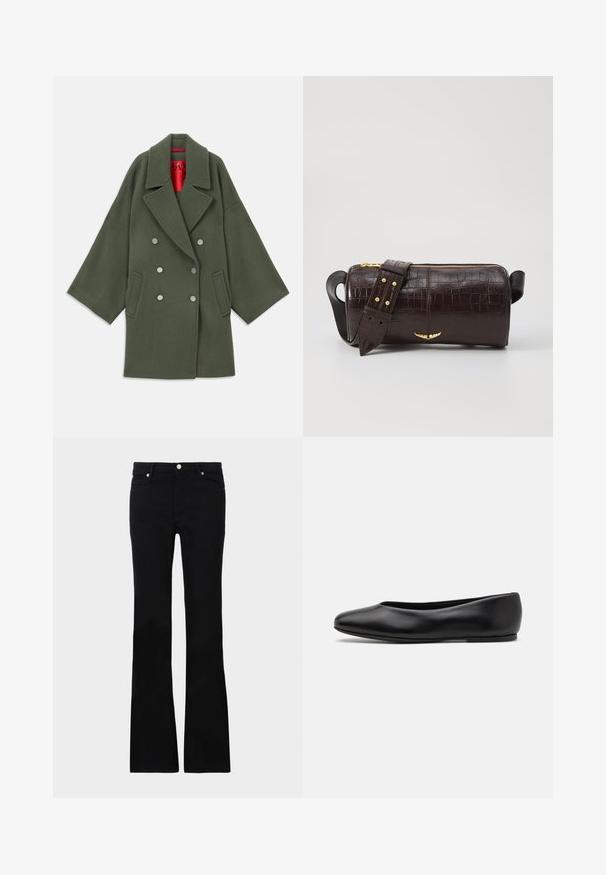 Abrigo verde oliva en una mezcla de lana suave, con un amplio cuello, botones plateados de doble botonadura y bolsillos laterales. Forro interior rojo.; Top negro de manga larga con cuello alto, hecho de tejido suave, que presenta un cuello con volantes y una silueta ajustada con bordes simples.; Pantalones vaqueros de talle ancho en negro, confeccionados en denim, con dos bolsillos frontales, cierre de botón y una textura suave. Costuras distintivas visibles en las costuras.; Paul Smith TOPANGA - Bailarinas - black; Bolso de cuero marrón con estampado de cocodrilo, de forma cilíndrica, con herrajes en tono dorado y una correa desmontable con tachuelas.