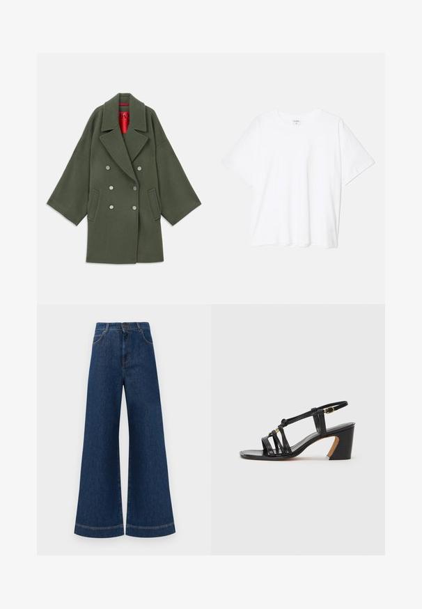 Abrigo verde oliva en una mezcla de lana suave, con un amplio cuello, botones plateados de doble botonadura y bolsillos laterales. Forro interior rojo.; Camiseta de algodón blanca con mangas cortas, escote redondo, corte relajado y dobladillo cosido. Etiqueta visible en el interior del cuello.; Jeans de mezclilla azul de pierna ancha con una cintura alta, que cuentan con un cierre de botón, pasadores para cinturón y detalles de costura sutil a lo largo de los bolsillos y los dobladillos.; Paul Smith AMIRA - Tacones - black