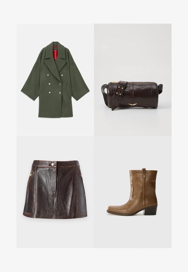 Cappotto verde oliva in morbido misto lana, con ampio colletto, bottoni doppi in argento e tasche laterali. Fodera interna rossa.; T-shirt in cotone rosso con maniche corte, scollatura rotonda e testo bianco che recita "VOLTAIRE" e "PARIS" in lettere grasse e curve.; Mini gonna in pelle marrone con un design elegante, due tasche laterali con zip e cuciture a contrasto lungo i bordi.; Stivale alla caviglia in pelle marrone con punta quadrata, finitura testurizzata e tacco basso incassato. Dotato di un pratico tassello posteriore e dettagli di cucitura sottili.; Borsa in pelle stampata a coccodrillo marrone con forma cilindrica, accessori in tonalità oro e una tracolla staccabile con borchie.