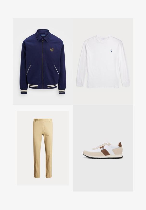 Corta-vento marinho com fecho éclair, punhos canelados e dois bolsos laterais. Apresenta um patch de logotipo no peito e detalhes em riscas brancas.; Camisola de manga longa branca feita de algodão. Apresenta um decote redondo, punhos canelados e um pequeno logótipo de polo azul-marinho no lado esquerdo do peito.; Chinos caqui feitos de um tecido de algodão suave, com um design ajustado, pregas frontais e punhos no tornozelo para um visual afinado.; Sapatilhas com uma combinação de malha branca e camurça bege, com um detalhe em pele castanha. Bico arredondado, sola de borracha plana e design com atacadores.