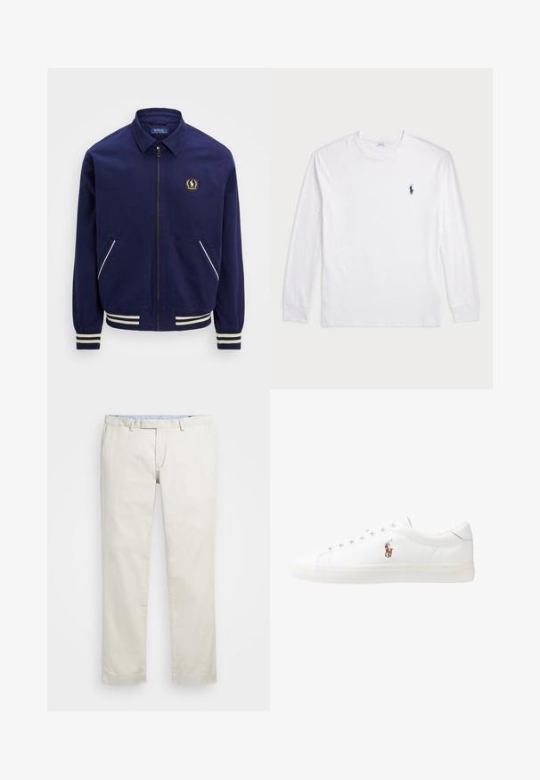 Navy bomber jacket with a zip closure, ribbed cuffs, and two side pockets. Features a logo patch on the chest and white stripe accents.; White long-sleeve T-shirt made of cotton. Features a round neckline, ribbed cuffs, and a small navy blue polo logo on the left chest.; Beige cotton chinos with a flat front, belt loops, and side pockets. Straight-leg design with a smooth texture and a light, breathable feel.; White leather sneakers, low-top design, featuring a smooth texture, round toe, laced front, and a small embroidered logo on the side.