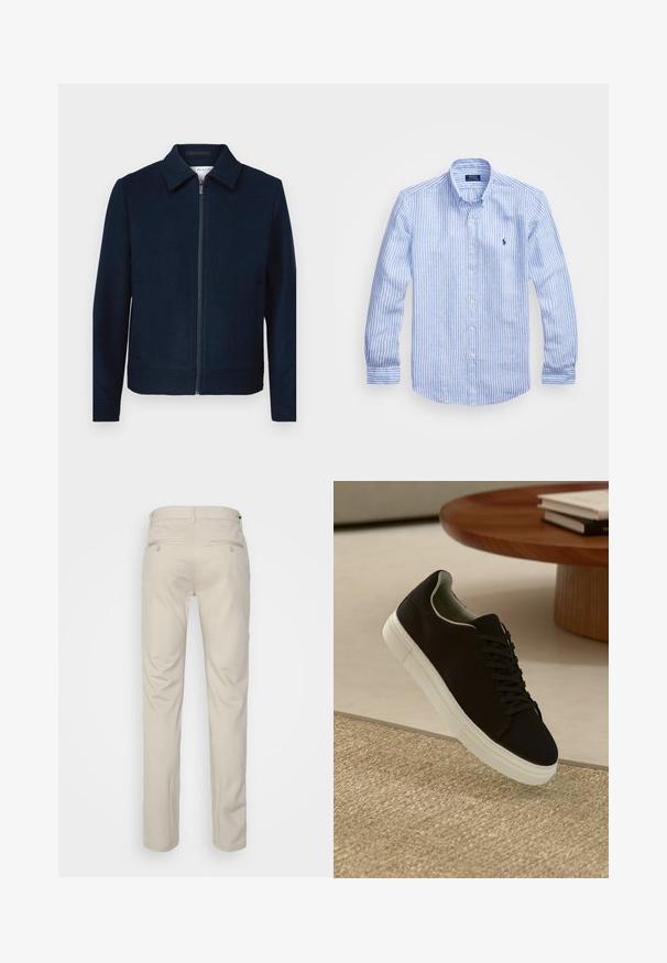 Granatowa kurtka zapinana na zamek z kołnierzem, wykonana z gładkiego materiału. Posiada boczne kieszenie i czysty, minimalistyczny design.; Niebiesko-biała, w paski, koszula z długim rękawem, wykonana z bawełny, z kołnierzykiem zapinanym na guziki, guzikami z przodu oraz małym haftowanym logo na klatce piersiowej.; Beżowe spodnie o gładkiej fakturze, prostym kroju, z dwiema tylnymi kieszeniami z guzikami i standardowym pasem.; Czarny sneaker z białą podeszwą unoszący się nad beżowym, teksturowanym dywanem w pobliżu okrągłego drewnianego stołu z poukładanymi książkami.