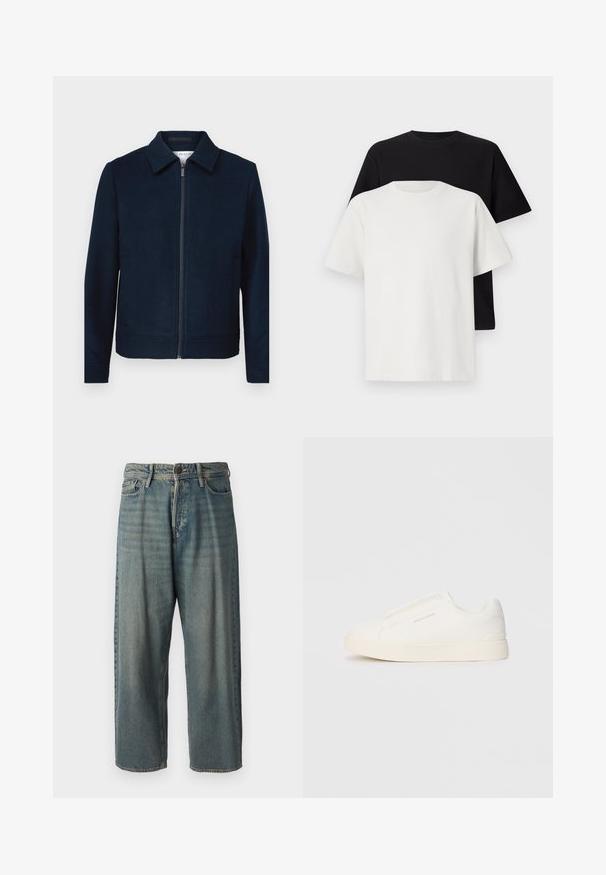 Mornarska zip-up jakna s ovratnikom, izdelana iz gladkega blaga. Ima stranske žepe in čist, minimalističen dizajn.; Set bombažnih majic, ki vključuje črno in belo majico, obe z kratkimi rokavi, okroglim izrezom in standardnim krojem. Teksturirana tkanina.; Svetlomoderne kavbojke z ohlapnim krojem, srednjim pasom in ravnimi nogami. Imajo pet žepov, zanke za pas in zapiranje na gumb.; Bele zapete brez vezalk z teksturirano površino, debelim podplatom in minimalističnim dizajnom. Na strani se nahaja logotip blagovne znamke.