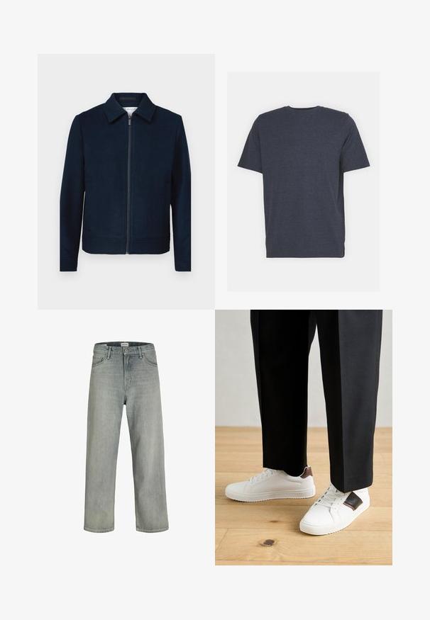 Tumši zils zip-up džemperis ar apkakles kaklu, izgatavots no gludas auduma. Nozīmē sānu kabatas un tīru, minimālistisku dizainu.; Jūras zila apdalījuma T-krekls ar apaļu kakla izgriezumu, izgatavots no maiga kokvilnas auduma, ar īsām piedurknēm un regular fit piegriezumu. Nav redzamu rakstu vai akcentu.; Gai pelēki, brīvi pieguļoši džinsi no denima. Iekļauj klasisku piecu kabatu dizainu, jostas cilpas un taisnu kāju siluetu.; Baltā pārsoļa apavi ar gludu tekstūru, papildināti ar brūniem ādas akcentiem un melniem elementiem, savienoti ar melnām pielāgotām biksēm. Koka grīdas fons.