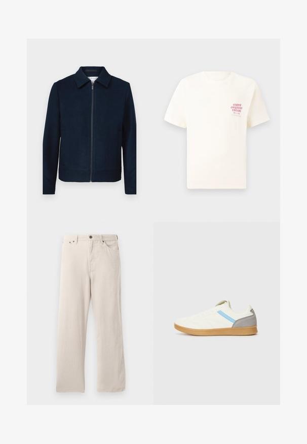 Tengerészeti zipzáras dzseki, galléros nyakkal, sima anyagból készült. Oldalsó zsebekkel rendelkezik, és letisztult, minimalista dizájnnal bír.; Fehér, rövid ujjú póló, bal mellen piros szöveggel "Studio Originals Edition", semleges szürke háttér előtt.; Beige kordbársony nadrág egyenes szabással, bordázott textúrával, öt zsebes kialakítással és gombos záródással.; Krém színű felsőrésszel, kék oldalcsíkkal és szürke sarokkiemeléssel rendelkező sportcipők. Texturált dizájn és rágógumi talp jellemzi őket.