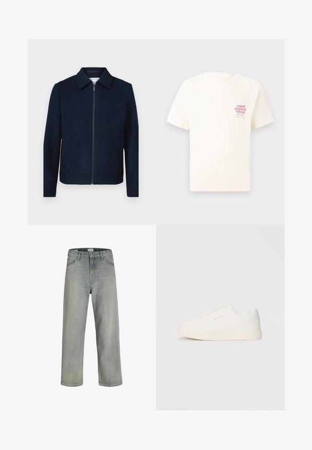 Jachetă navy cu fermoar, cu guler, confecționată dintr-un material neted. Dispune de buzunare laterale și un design curat, minimalist.; Tricou alb cu mânecă scurtă, având text roșu "Studio Originals Edition" pe partea stângă a pieptului, expus pe un fundal gri neutru.; Jeans decolorate, cu croială confortabilă, realizate din denim. Prezentă un design clasic cu cinci buzunare, bucle pentru curea și o siluetă dreaptă.; Tenisi albi slip-on cu o suprafață texturată, talpă groasă și un design minimalist. Prezintă logo-ul brandului pe lateral.