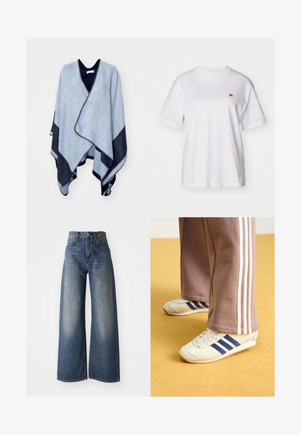 ONLY ONLVERIKA - Mantella - night sky; Maglietta in cotone bianco con vestibilità rilassata, maniche corte e un piccolo logo ricamato sul lato sinistro del petto.; Jeans ampi a vita alta blu con bottone frontale e tasche, texture sbiadita sulle cosce e orlo dritto.; Sneakers crema con strisce in suede blu, lacci bianchi e suola in gomma. Abbinati a pantaloni sportivi grigi con strisce laterali bianche.