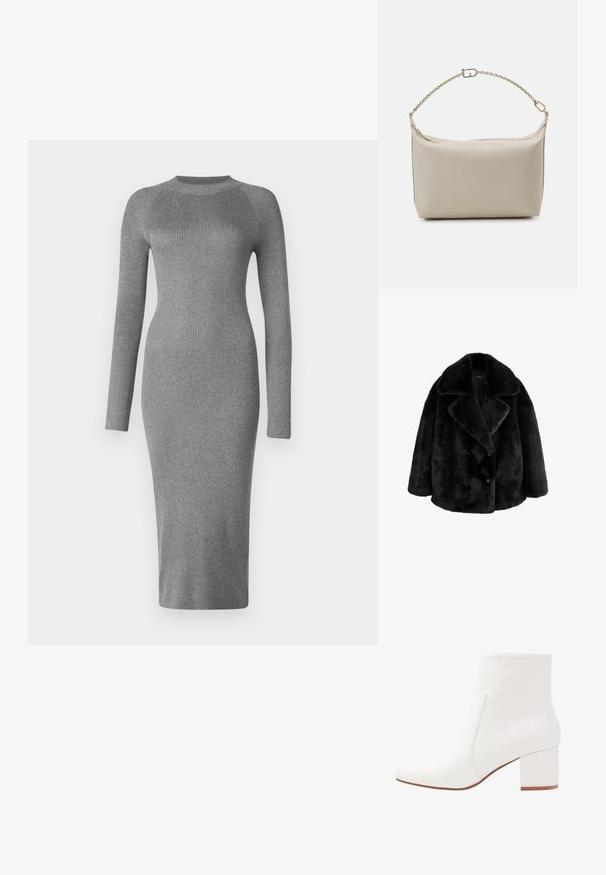 Abrigo de piel sintética negra con un ancho collar con muescas, diseño de doble botonadura y dos grandes botones redondos. Textura suave y corte oversize.; Vestido de punto gris de canalé con mangas largas, silueta ajustada, cuello redondo y corte a la altura de la rodilla. Textura suave con un patrón vertical.; Botines blancos hasta el tobillo con un acabado suave, puntera cuadrada y un tacón block de altura media. El detalle de las costuras acentúa el diseño minimalista.; Bolso de mano de cuero beige con una textura suave, forma rectangular, parte superior con cremallera y una correa de cadena dorada. Diseño minimalista y color neutro.