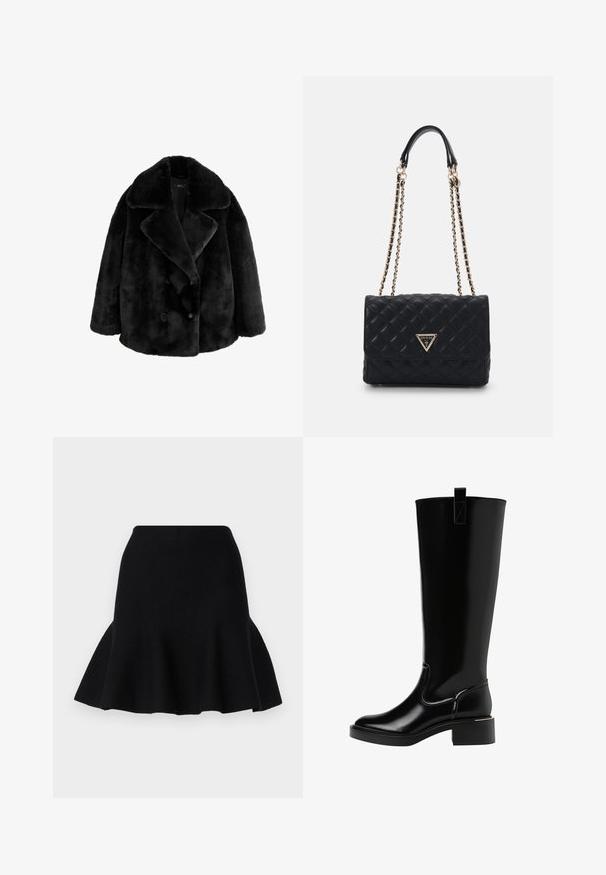 Cappotto in pelliccia sintetica nera con ampio colletto a risvolto, design doppiopetto e due grandi bottoni rotondi. Texture morbida e vestibilità oversize.; Maglione a collo alto di colore nero realizzato in morbido tessuto a maglia. Presenta maniche lunghe e un design aderente con orlo diritto.; Gonna nera svasata realizzata in tessuto morbido. Presenta una vita adatta e un orlo ondulato, creando un aspetto a strati.; Stivali neri al ginocchio con finitura lucida, punta arrotondata, tacco basso e un nastro per aiutare a indossarli sul retro. Le cuciture evidenziano il design.; Borsa a tracolla nera trapuntata con un logo triangolare dorato, dotata di una doppia tracolla a catena e una texture in pelle liscia. Forma rettangolare con chiusura a patta.