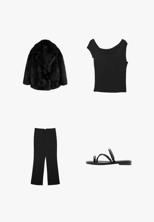 Črn plašč iz umetnega krzna, ki ima širok zarezan ovratnik, dvoredno zapenjanje in dva velika, ovalna gumba. Mehka tekstura in oversized kroj.; Črna kratka majica s kratkimi rokavi iz gladkega blaga; ima drapiran izrez in asimetrično spodnjo rob, s prilegnjenim telesom.; Črne hlače ravnega kroja z naglavnimi žepi in stranskimi razporki na robu. Narejene iz mehke, gladke tkanine. Primerne za različne priložnosti.; Črne ravne sandale s sijajno končno obdelavo, tremi tankimi trakovi in okroglo kovinsko podrobnostjo na prstih. Elegantna zasnova z minimalnim peto.