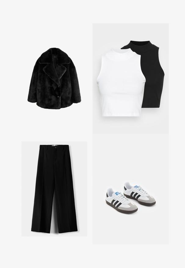 Fekete műszőrme kabát, széles kivágott gallérral, dupla gombolású kivitelben, és két nagy, kerek gombbal. Puha textúra és oversized szabás.; Két ujjatlan, bordázott garbós top fekete és fehér színben, testhezálló kialakítással és sima textúrával, rövidített hosszal.; Fekete, bő szárú nadrág, könnyű anyagból, elöl gombos záródással és sima elfröccsenésű fazonnal, szépen varrott szegélyekkel.; Fehér bőr felsőrészes sportcipő, szürke velúrból készült orral és három fekete csíkkal. Jellemzője a kék logó a nyelvén és egy texturált gumitalp.