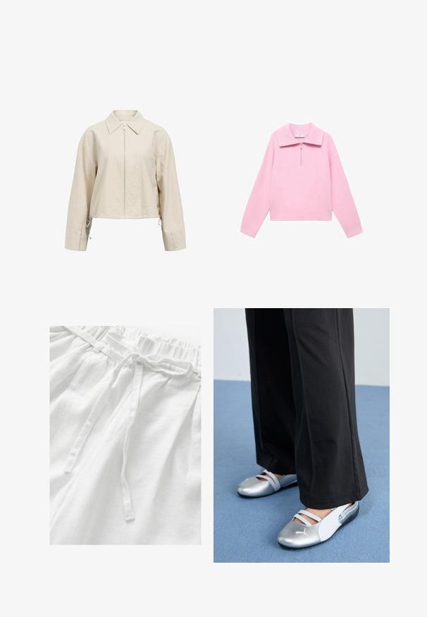 Beige kort jacka med spridd krage, dragkedja fram och långa ärmar. Har justerbara snörningsdetaljer i nederkant.; Rosa kortärmad sweatshirt med hög krage och halvdragkedja fram. Har långa ärmar och en slät, mjuk textur. Inga mönster eller detaljer närvarande.; Vita linnebyxor med resår i midjan och en matchande dragsko, samt ett mjukt, strukturerat tyg för komfort och andningsförmåga.; Silver- och vita platta skor med korsade remmar och texturerad detalj, kompletterat med lösa svarta byxor. Ställt mot ett blått golv.