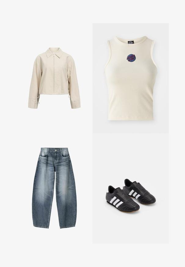 Bežanikraćeni kaput s raširenim ovratnikom, prednjim zatvaračem i dugim rukavima. Ima podesive detalje s vezicama na rubu.; Kremasti rebrasti majica bez rukava s okruglim izrezom, s izvezenim logotipom "Santa Cruz" u ružičastoj i plavoj boji na prednjoj strani.; Široke traperice od svijetloplavog denima s izblijedjelim dijelovima, s dizajnom od pet džepova, zakopčavanjem na dugme i minimalnim detaljima šavova.; Crne nogometne cipele s gornjim dijelom od teksturirane kože, s podstavljenim prednjim dijelom, tri bijele pruge sa strane i potplatom od gume.