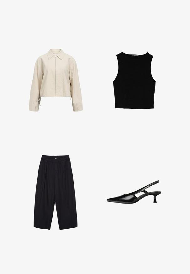 Beige verkürzte Jacke mit einem umgeschlagenen Kragen, vorderem Reißverschluss und langen Ärmeln. Verfügt über verstellbare Bindebänder am Saum.; Schwarzes ärmelloses Crop-Top aus glattem Stoff, mit rundem Ausschnitt und einem klaren, schlichten Design ohne Muster oder Beschläge.; Schwarze Polyester-Culotte mit einem elastischen Bund, zwei vorderen Falten und einer lockeren Silhouette. Keine sichtbaren Muster oder Hardware-Details.; Schwarze Lackleder-Slingback-High Heels mit spitzer Zehenform, ausgeschnittenem Seitendesign und kleinem Blockabsatz. Glatte Textur mit minimalen Akzenten.