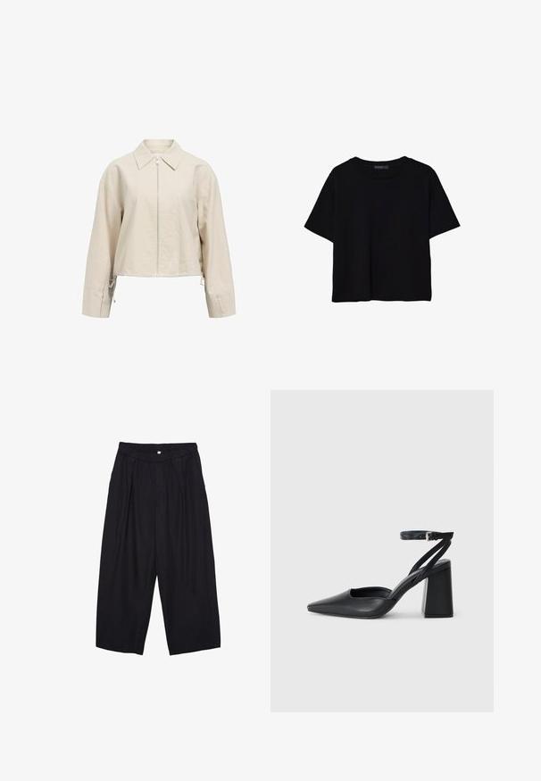 Beige verkürzte Jacke mit einem umgeschlagenen Kragen, vorderem Reißverschluss und langen Ärmeln. Verfügt über verstellbare Bindebänder am Saum.; Schwarzes T-Shirt mit kurzen Ärmeln aus Baumwolle. Verfügt über einen runden Ausschnitt und einen lockeren Schnitt mit einer glatten, einfarbigen Textur. Keine sichtbaren Muster oder Akzente.; Schwarze Polyester-Culotte mit einem elastischen Bund, zwei vorderen Falten und einer lockeren Silhouette. Keine sichtbaren Muster oder Hardware-Details.; Schwarze Leder-Pumps mit spitzer Zehe, einem Knöchelriemen und einem blockigen Absatz. Flache Textur, elegantes Design und minimalistische Ästhetik.