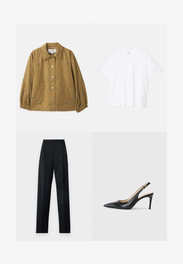 Klāts ar olīvzaļas krāsas pildījumu, ar izšūtiem ziedu motīviem, sudraba pogām un sakrauta piedurkņu malām. Divas sānu kabatas.; Balta kokvilnas T-krekls ar īsām piedurknēm, apaļu dekoltē, brīva piegriezuma un šūtu apakšmalu. Etiķete redzama iekšējā kakla daļā.; Melnas bikses, izgatavotas no gludas auduma, ar augstu vidukli, platiem bikšu galdniekiem, priekšējiem krokām un klasiskām jostu cilpām. Sānu kabatas nav redzamas.; Melnas ādas sandales ar augstiem papēžiem un norādītu degunu, regulējama josta un elegants stiletto papēdis, kas izceļas ar gludu apdari.