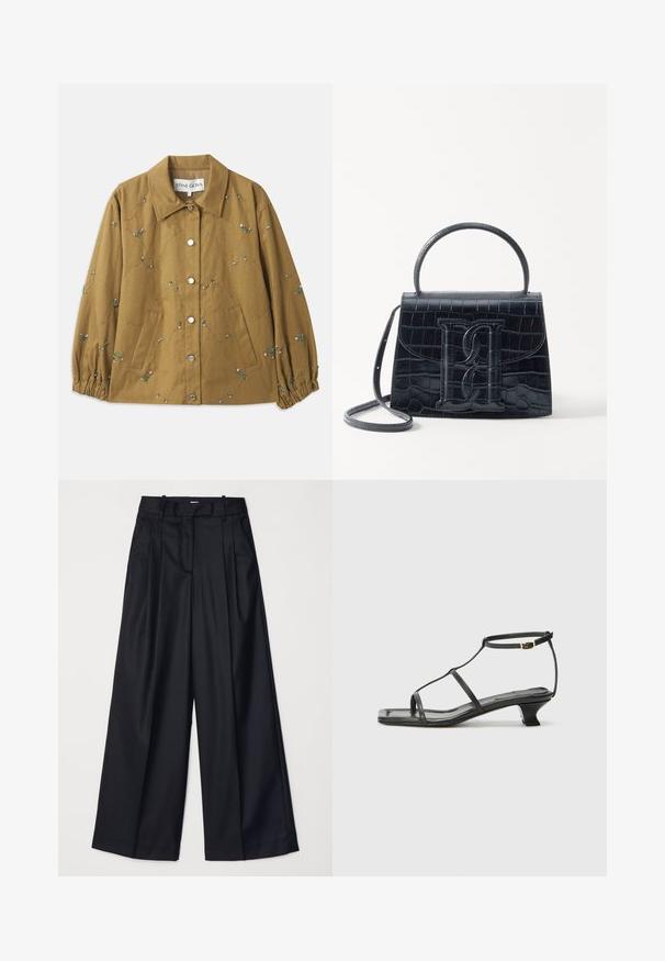 Prešívaná olivovo-zelená bunda s vyšívanými kvetinovými detailmi, striebornými cvočkami a zberanými rukávmi. Dva bočné náprsné vrecká.; Čierny rebrový tielko s okrúhlym výstrihom a vyšitým logom v bielej farbe. Materiál má hladkú textúru a priliehajúci strih.; Čierne široké nohavice vyrobené z hladkej tkaniny, so zvýšeným pásom, plisovaním a strihom na mieru. Jednoduché čierne kovanie v oblasti pásu.; Čierna kožená sandála so štvorcovou špičkou, tenkými popruhmi, nastaviteľným pásikom okolo členka a nízkym podpätkom. Obsahuje malý zlatý akcent na popruhu.; Čierna kabelka z krokodílovej embosovanej kože so štruktúrovaným dizajnom, horným uchom, nastaviteľným popruhom a výrazným predným logom.