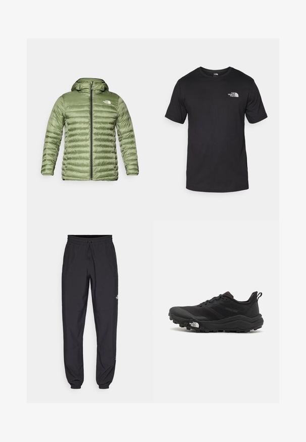 Olivgrön pufferjacka med huva, med ett quiltat mönster, dragkedjestängning och logodetalj på vänster övre sida.; Svart t-shirt med kort ärm gjord av bomull, med rund halsringning och en liten vit logotyp på övre vänstra bröstområdet.; Svarta träningsbyxor tillverkade av lättviktsmaterial, med dragsko i midjan, sidofickor och avsmalnande muddar vid anklarna.; Svart terränglöparsko med en strukturerad ovandel, gummisula och förstärkt tåhätta. Har en vadderad krage och en dragflik för enkel påtagning.