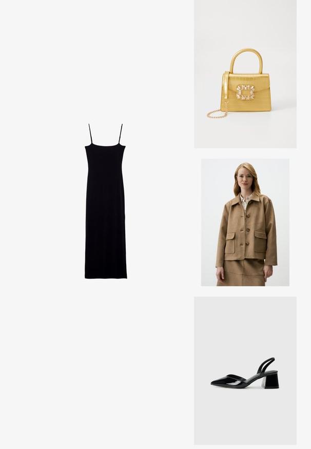 Bruine suède jas met een klassieke kraag, vier voorzakken en knoopsluiting. Beschikt over een ontspannen pasvorm en een soepele textuur.; Zwarte mouwloze jurk met een rechte silhouet, gemaakt van zachte stof. Voorzien van slanke spaghetti-bandjes en een vloerlange ontwerp.; Zwarte gepatineerde leren slingback hakken met een spitse neus en een geometrische blokhak. Kenmerkt zich door een slank, minimalistisch ontwerp en een gladde textuur.; Geel faux-krokodillenhandtas met een gestructureerd ontwerp, bovenhandvat, afneembare kettingriem en decoratieve kristallen versiering op de sluiting.
