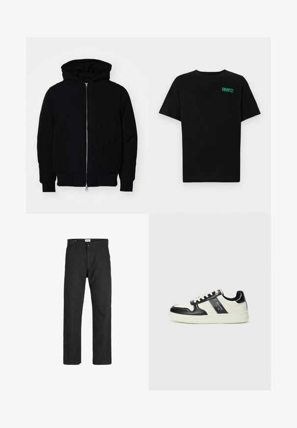 Czarna kurtka z kapturem, z suwakiem z przodu, kieszenią kangurką, ściągaczami przy mankietach i dolnym brzegu, prezentowana na jednolitym białym tle.; Czarna koszulka z bawełny z krótkim rękawem. Posiada zielone logo "ROOTS" z przodu, okrągły dekolt i standardowy krój.; Czarne spodnie wykonane z trwałego materiału, z prostym krojem nóg, przeszyciami i dwiema przednimi kieszeniami dla funkcjonalności.; Skórzane sneakersy w czarno-kremowym schemacie kolorystycznym, z perforowanymi akcentami, wyściełanym kołnierzem i teksturowaną podeszwą.